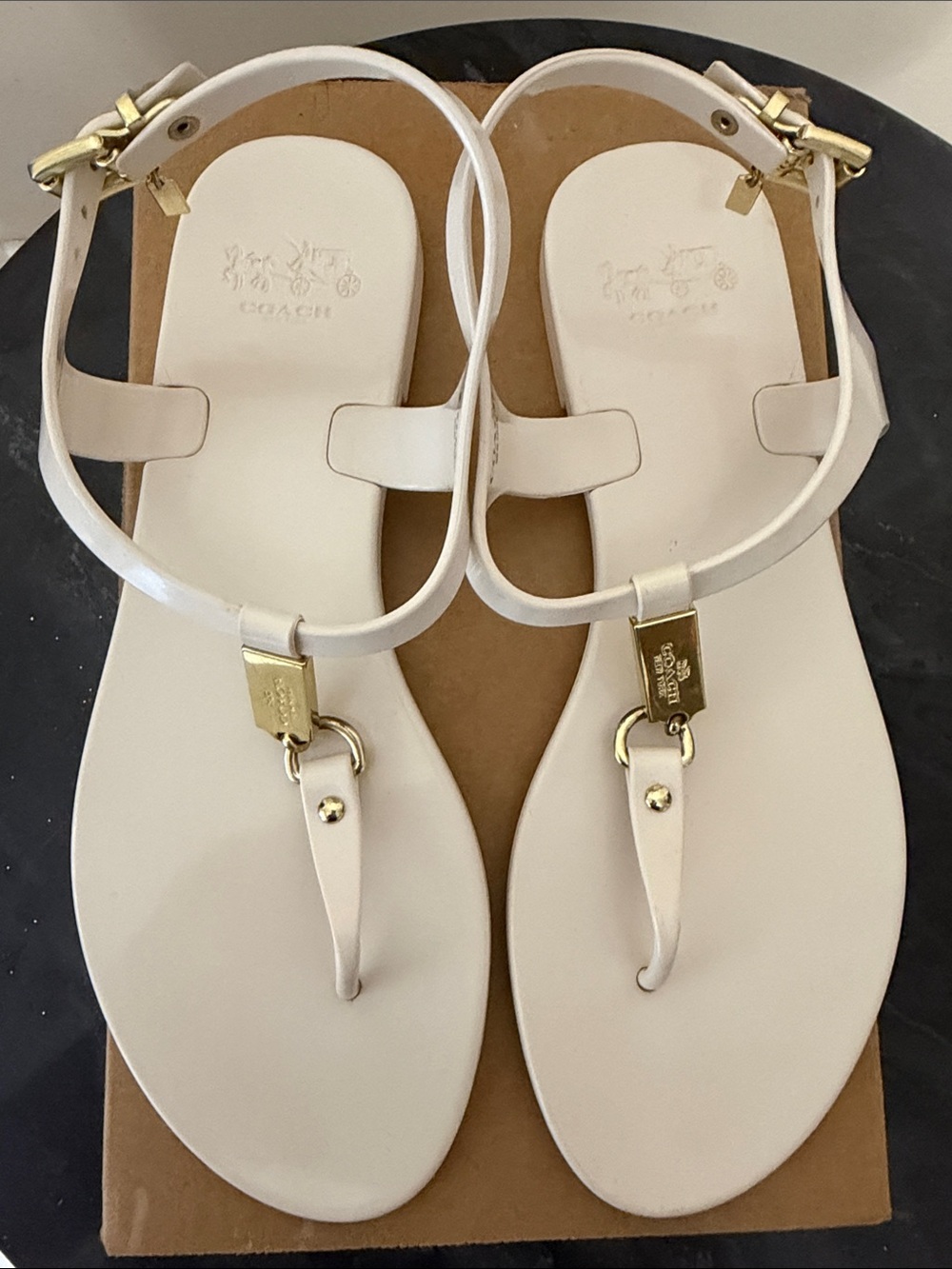Coach White T-Strap Jelly Sandals with Gold Accent